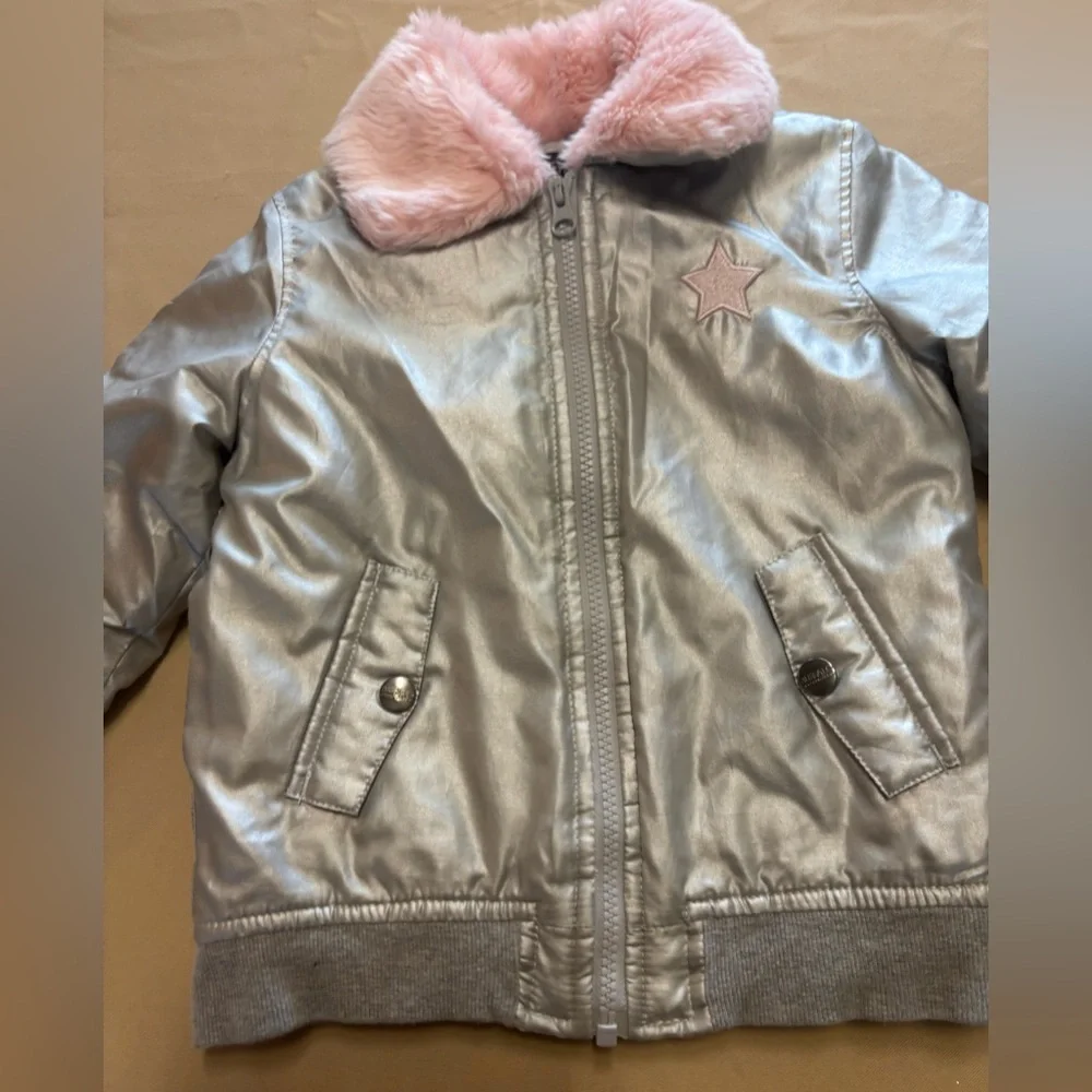 Buffalo David Bitton Metallic Silver Puff Jacket with Pink Collar‎
